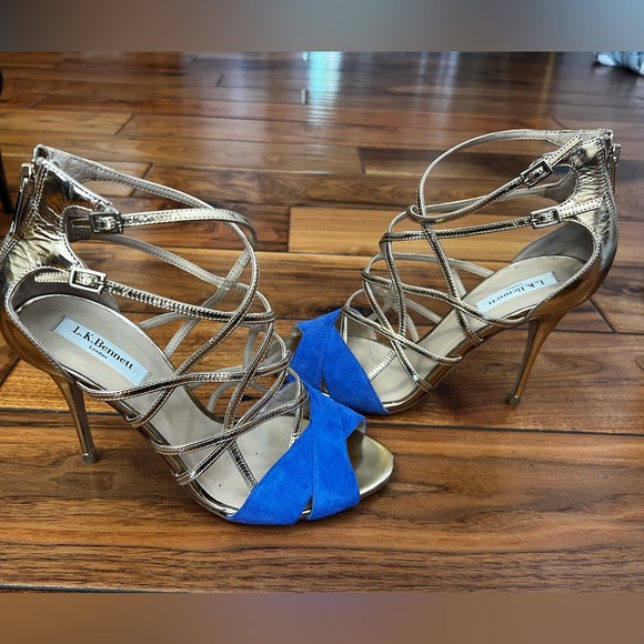 Blue suede and gold leather zip back heel by L.K.Bennett London. Great condition - Picture 2 of 5